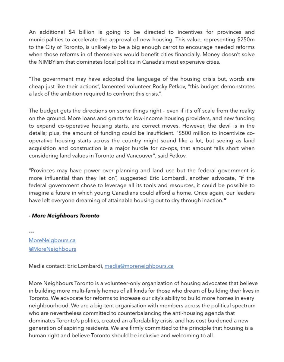 MoreNeighbours's tweet photo. 🚨ATTENTION 🚨

Press Release - 2022/23 Federal Budget - @MoreNeighbours 

“In light of rocketing housing costs in cities across Canada, the Finance Minister’s policies are like trying to stop a forest fire with a water gun.���

https://t.co/7zttqwH8Al https://t.co/sG2FdztLqJ