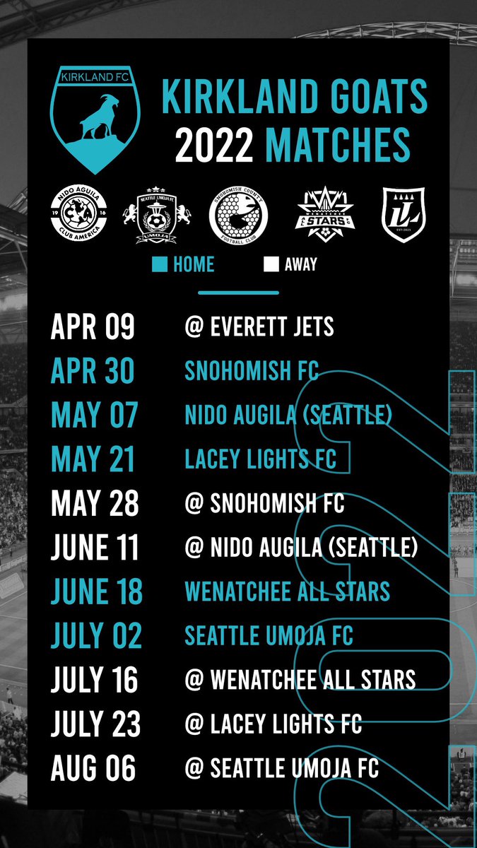 kirklandfcgoats's tweet photo. Your Kirkland FC Goats 2022 Season Fixtures. Season Tickets available on our website. #GoGoats https://t.co/9lQ9m5MSv4
