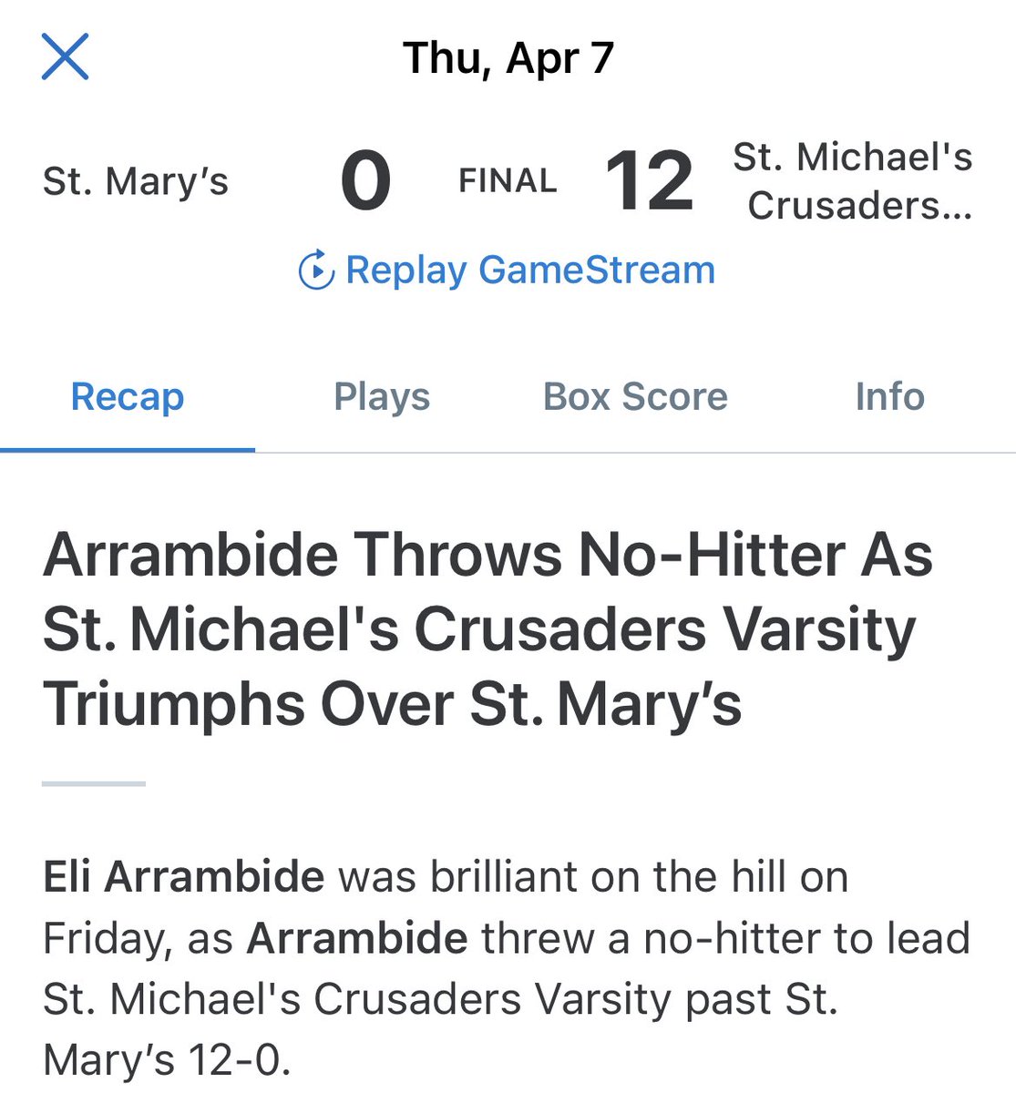 AC_StaceyA's tweet photo. Well that was fun ⁦@EliArrambide⁩. 10 K’s over 5 innings plus 2 for 3 at the plate. I sure did have fun watching you. Proud of you. ⁦@SMCACrusaders⁩ ⁦@DonaldJBoyles⁩ https://t.co/RyWfUoc8aZ