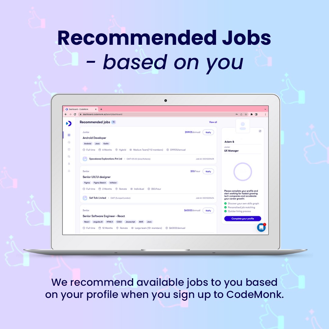 NotchupTeam's tweet image. Find your perfect match! 🤝

When you sign up to CodeMonk we recommend jobs to you based on your expertise, motivations &amp;amp; employment types, helping you discover your next opportunity.

Join our community &amp;amp; access remote roles picked especially for you: eu1.hubs.ly/y0HbJF0