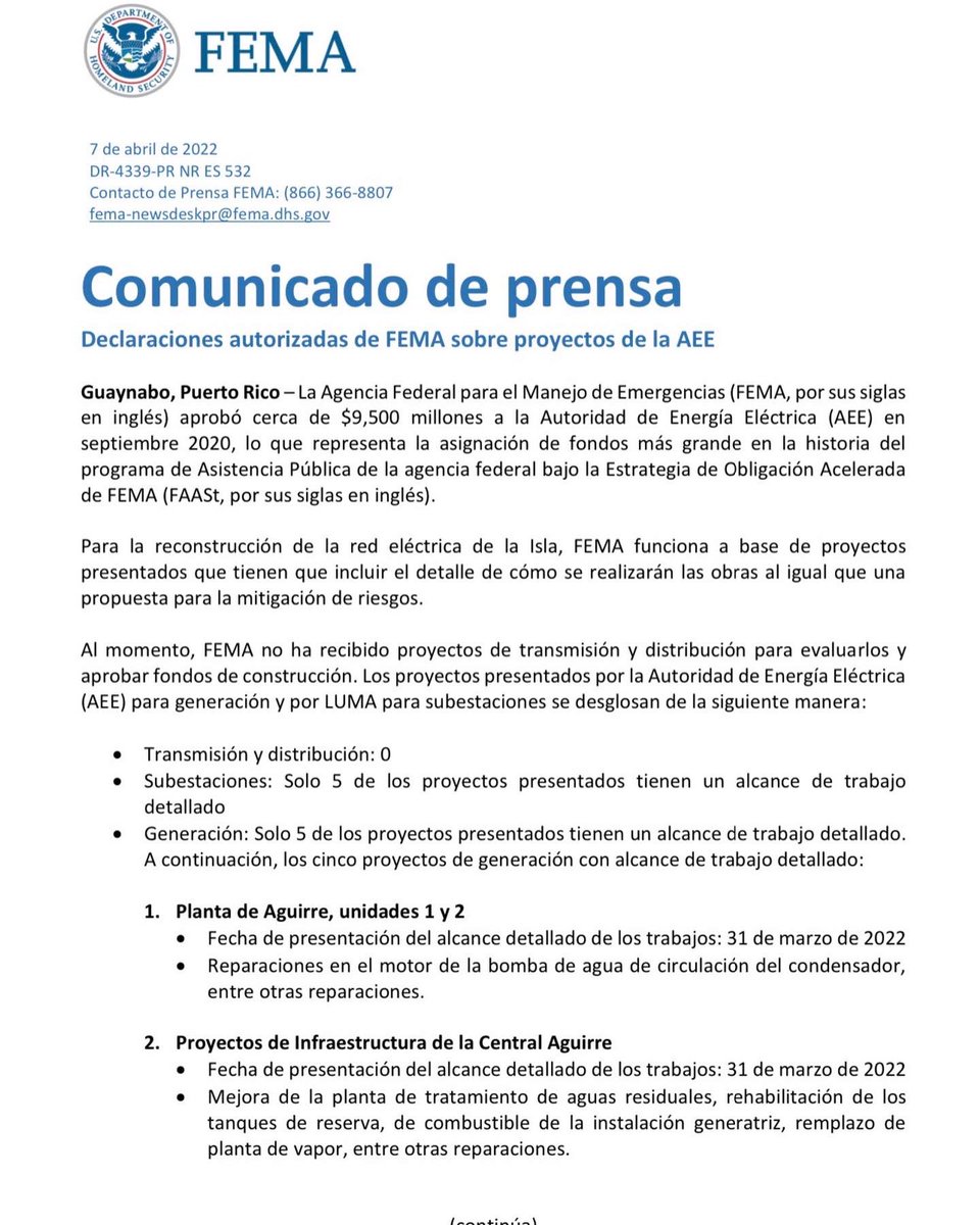 podcastpesao's tweet photo. #FEMA deja en ridículo al gobierno de PR, a LUMA y la AEE. 

No es hasta ahora, en marzo de 2022, luego de dos años de fondos federales millonarios asignados, que han podido someter solo CINCO proyectos detallados para la rehabilitación del sistema eléctrico

#podcastpesaonews🥵 https://t.co/ontYCm2w6X