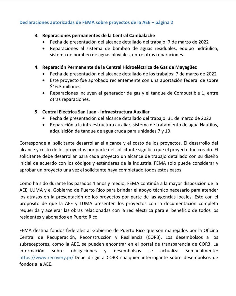 podcastpesao's tweet photo. #FEMA deja en ridículo al gobierno de PR, a LUMA y la AEE. 

No es hasta ahora, en marzo de 2022, luego de dos años de fondos federales millonarios asignados, que han podido someter solo CINCO proyectos detallados para la rehabilitación del sistema eléctrico

#podcastpesaonews🥵 https://t.co/ontYCm2w6X