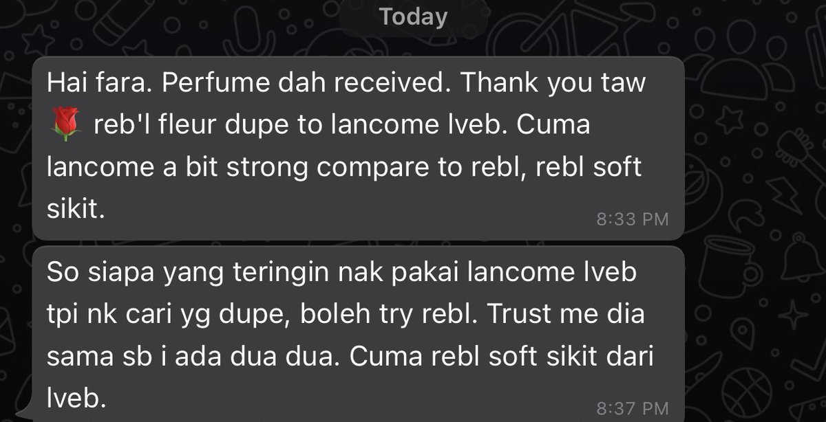 farafumeMY's tweet photo. If you looking for perfume yang ada vibe good girl + LVEB tapi murah dan longlasting?
Reb’l fleur is the answer! ✨
Sweet vanilla, the scent is so sexy dan lembut2 manis gittew. I kalau spray husband mesti "Yanggg sedapnya bau!" 😂
RM190 single bottle, RM240 full set https://t.co/ufOqDVL9H2