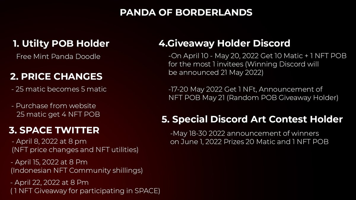 Latest Announcements and schedule🚨
1. Utilty POB Holder 
- Free Mint Panda Doodle
2. PRICE CHANGES 
- 25 matic becomes 5 matic
- Purchase from website 
   25 matic get 4 NFT POB
#NFT #NFTshill