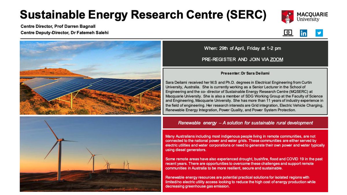 📣 Please register below for the MQ SERC Seminar given by Dr Sara Deilami from Macquarie University! 📣 Seminar Title: Renewable energy – A solution for sustainable rural development Time: 1-2 pm, Friday 29th April 2022 To register, zoom: macquarie.zoom.us/meeting/regist…