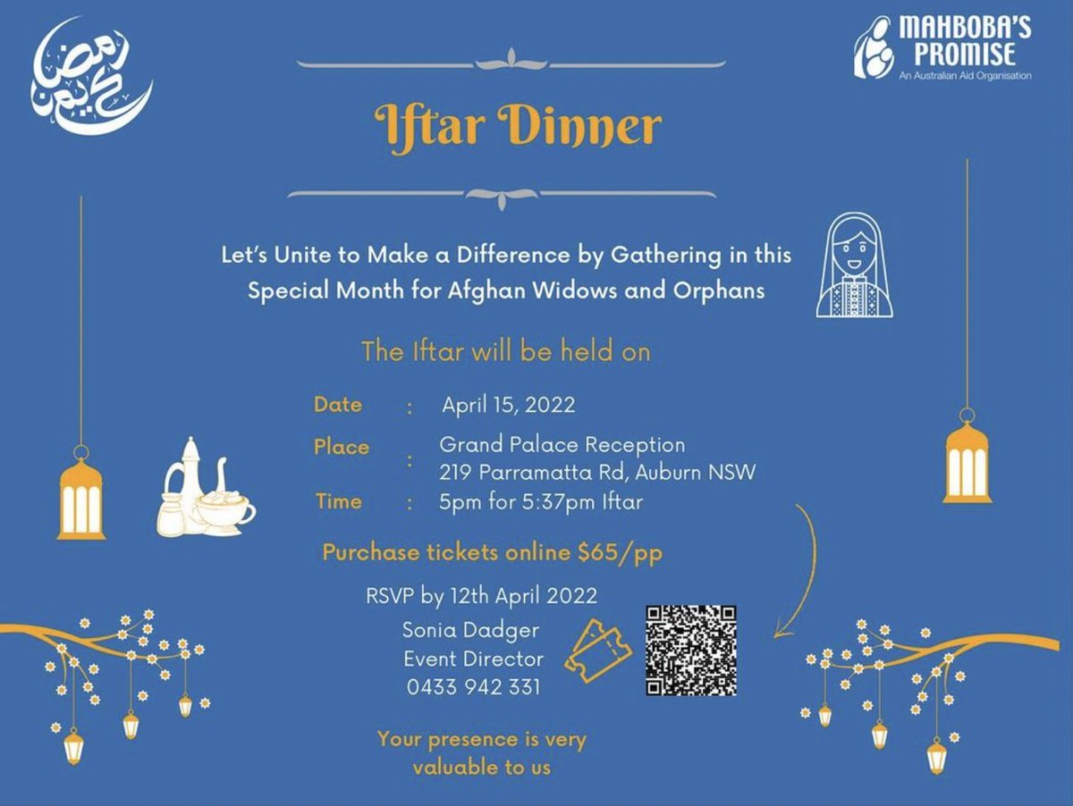Let’s unite to make a difference this Ramadan for Afghan Widows and Orphans. We welcome people from all walks of life to join us at our Iftar dinner on April 15th! Tickets available at eventbrite.com.au/e/mahbobas-pro…