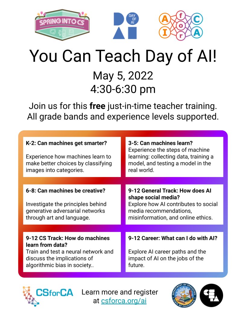 thegrene's tweet photo. #DayOfAI is May 13, and YOU can teach it! Join @AI4CALI, @CSforCA  and CA chapters of @csteachersorg on May 5 for just-in-time PD spanning K-12: https://t.co/78k6LBEQoy #SpringIntoCS https://t.co/b5rHGsGVLa