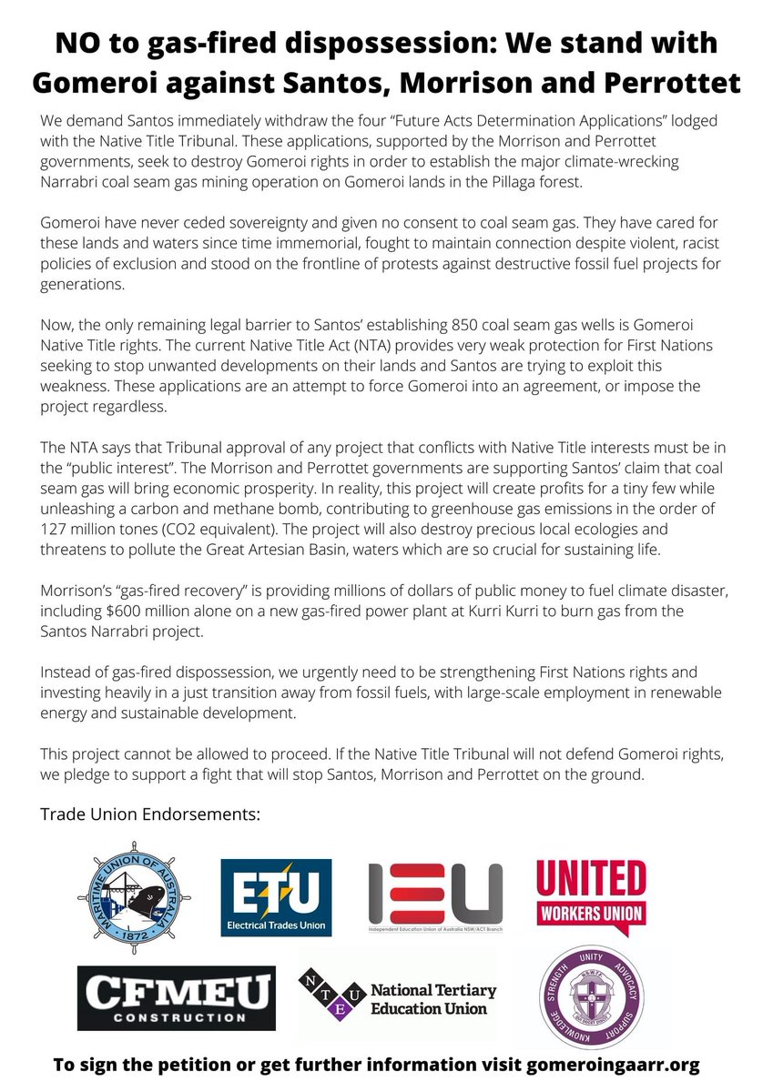 AimeeMehan's tweet photo. PEACEFUL PROTEST NOW (12-1pm) @ Court 1 Federal Court Philip St Sydney with #workersforclimateaction & @GamilaraayNG 7 Unions now demand Santos withdraw from Native Title Tribunal, after 200 Gomeroi said 'no' to protect Country @Dom_Perrottet @IPC_NSW @Matt_KeanMP @WgarNews https://t.co/C7qEQYE8Ww