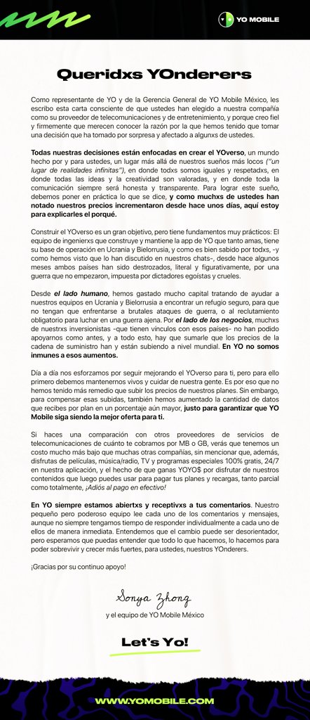 Comunicado de @yomobilemx referente a su reciente aumento de precios.