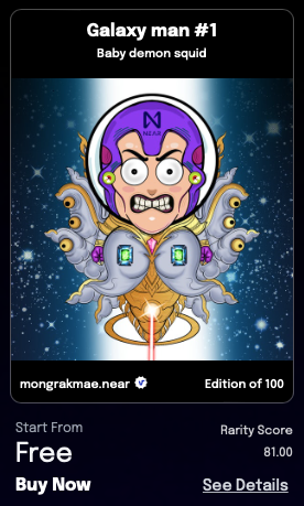 🌟hello! I have New Demon squid Collection on Paras maketplace, Galaxy man : I released 100 free version you can get card at this link.
paras.id/token/x.paras.…
discord.gg/NRHV7vP2j2

#NFTTHAILAND #NFTCommmunity #NFTdrops #NFTcollections #NFTMarketplace #nft