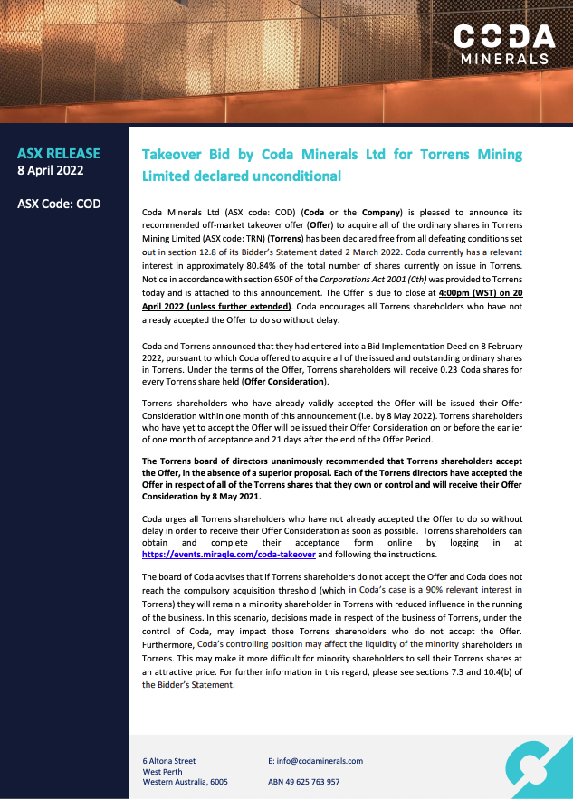 CodaMinerals's tweet photo. ASX Announcement: Takeover Bid by Coda for Torrens Declared Unconditional. Read full announcement here https://t.co/zg6iJBcc1U 

$COD #CodaMinerals #mining #miningaus #copper #stockmarket #investors #asxmarket #exploration https://t.co/VkcTlgLxwj