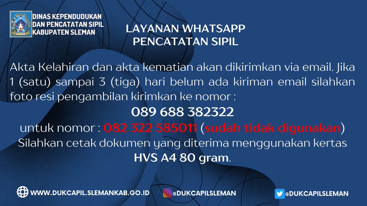 DukcapilSleman's tweet photo. Kami informasikan nomor layanan WA pencatatan sipil yang terbaru🙏 https://t.co/XpgRcDEMyc