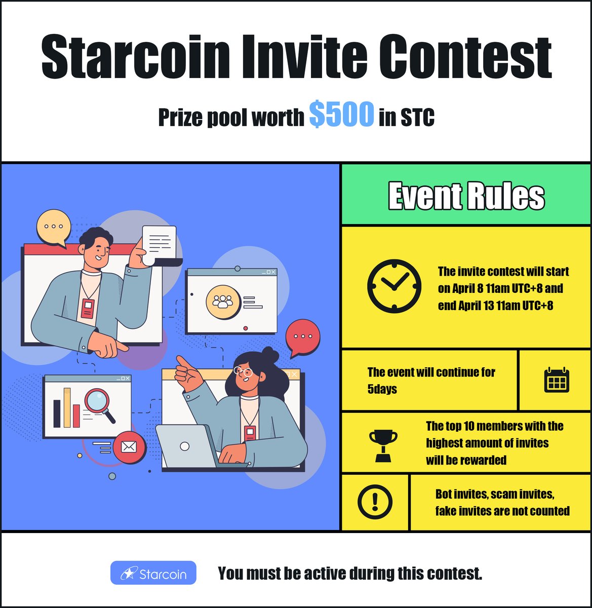 We are pleased to announce Starcoin  invite contest. OVER $500 worth of STC tokens for REWARDS.🚀

The invite contest will start on April 8 11am and end April 13 11am (UTC+8)⏰

Invitation to join Starcoin Discord global-chat group link👇1/2
discord.com/channels/82215…

#Airdrop $STC