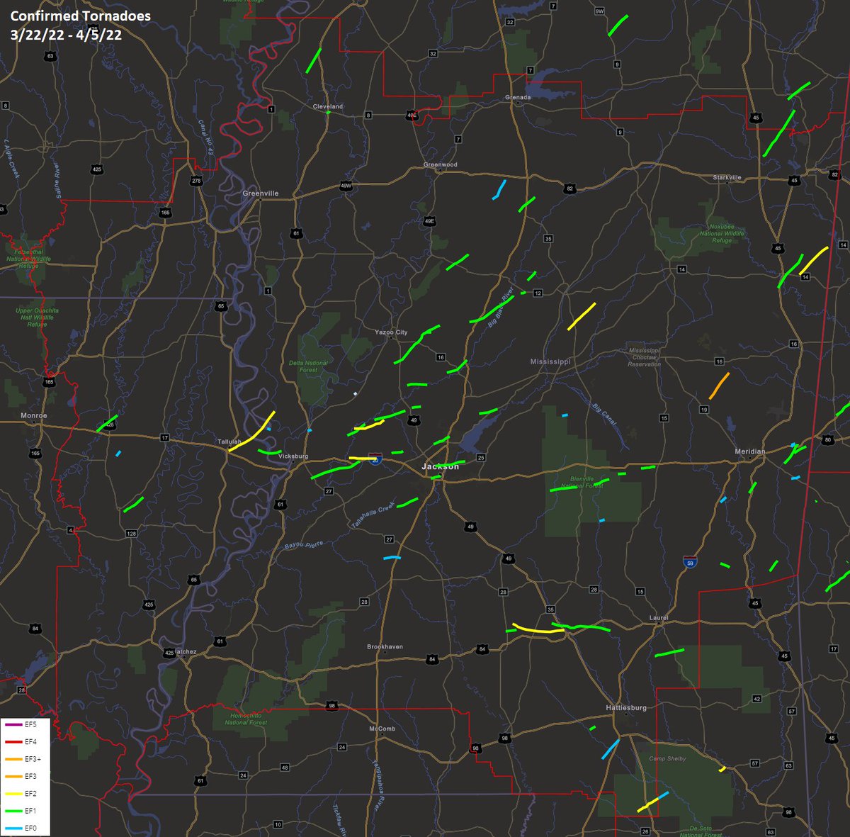 Recap thread! 

The past 2 1/2 weeks have been an extremely busy stretch of weather for our area. Between severe events on March 22nd, March 30th, and April 5th, 59 tornadoes have been confirmed in the NWS Jackson County Warning Area. Our average count for an entire year is 33.