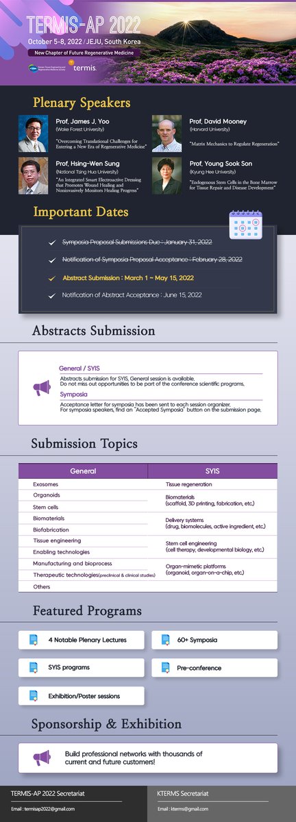 2022termisap's tweet photo. Don't Miss the Chance to Submit your Abstract!
Submission Link: https://t.co/UlaNPv4Mza
#TERMIS #termisap #jeju #southkorea #callforsymposium #tissueengineering #regenerativemedicine https://t.co/uJ63xy3CiY