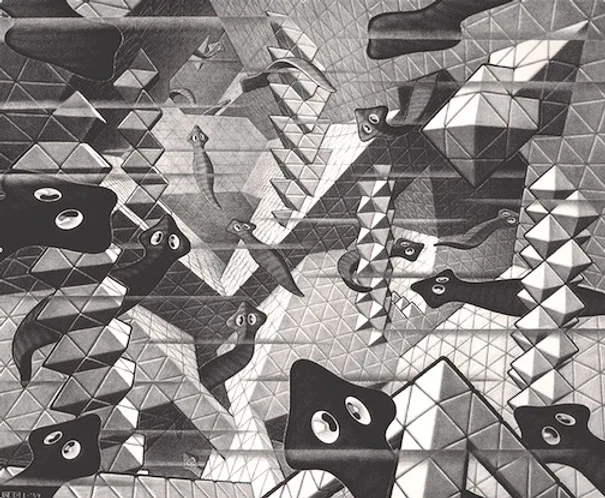 MC Escher's "Flatworms" (1959) and "Animals Without Backbones," illustrated by Ralph Buchsbaum (1938). The piece created in '59 is fanart inspired by the latter book's illustrations! 