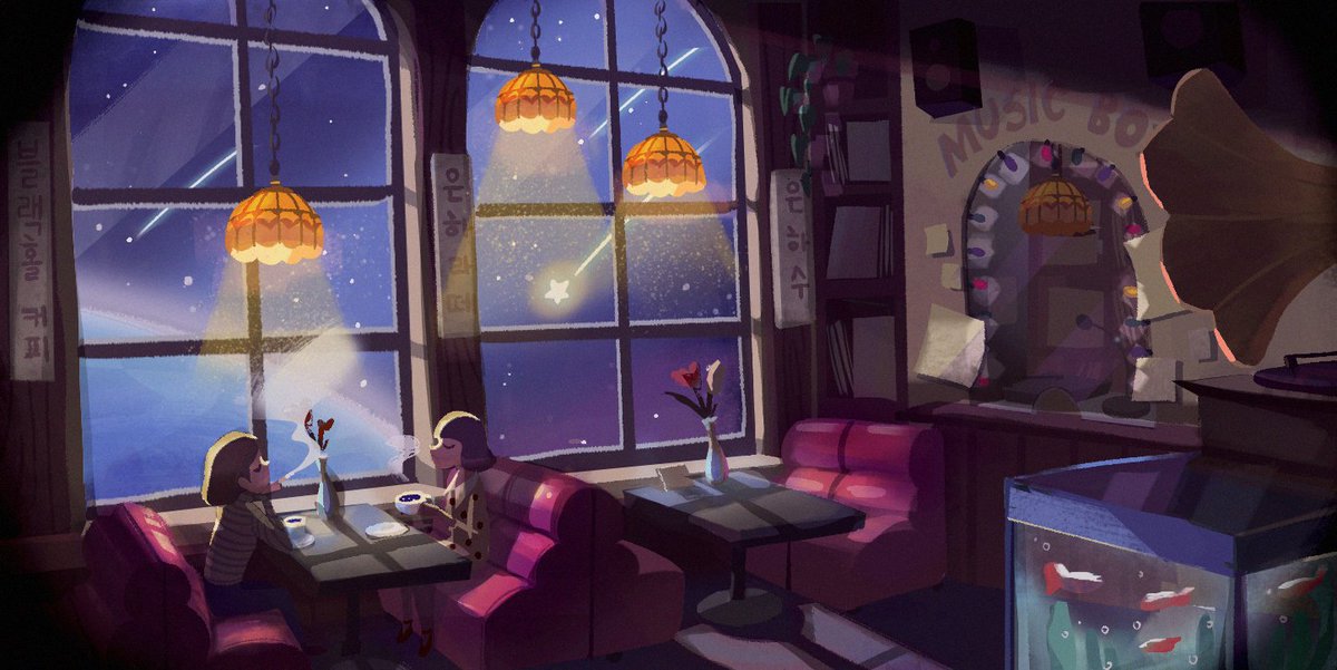 yechan_w's tweet photo. I drew the 1980s Korean cafe style and space. I Painted it in two styles. I like both.

10cm 노래 듣다가 은하수가 보이는 다방이 진짜 있다면 어떨까 생각하고 1980년대 스타일로 그려봤습니다.

inspired by 10cm, Love in the Milky Way Cafe, 몽마르뜨언덕위 은하수다방 https://t.co/fRZJf80D2Z
