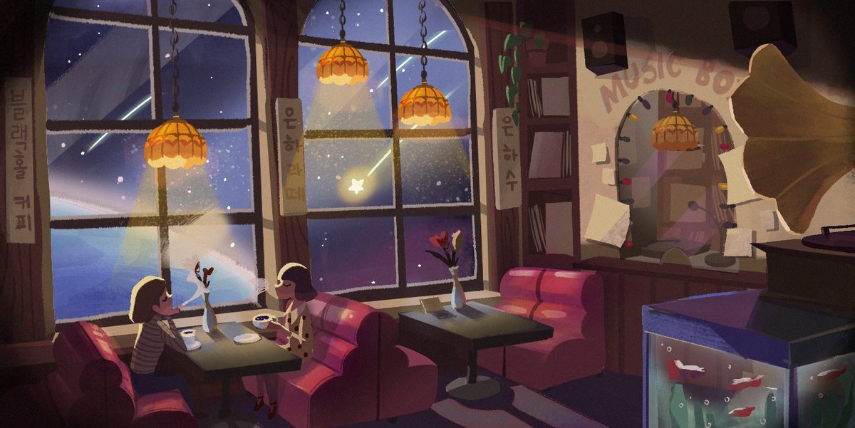 I drew the 1980s Korean cafe style and space. I Painted it in two styles. I like both.

10cm 노래 듣다가 은하수가 보이는 다방이 진짜 있다면 어떨까 생각하고 1980년대 스타일로 그려봤습니다.

inspired by 10cm, Love in the Milky Way Cafe, 몽마르뜨언덕위 은하수다방