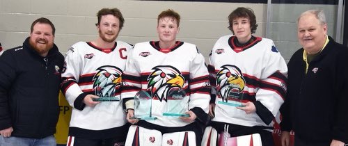 MitchellHawks's tweet photo. Congrats to Hawks award winners Malcom McLeod (top Defenceman), Tyler Parr (Leagues Top Goaltender and League MVP), Bradley Boville and Tyler Parr shared the lowest goal against. Congrats gentlemen!!! https://t.co/x0hWugyLph