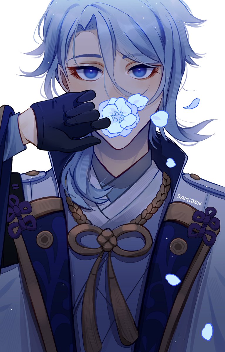 kamisato ayato 1boy male focus blue eyes flower solo gloves blue hair  illustration images