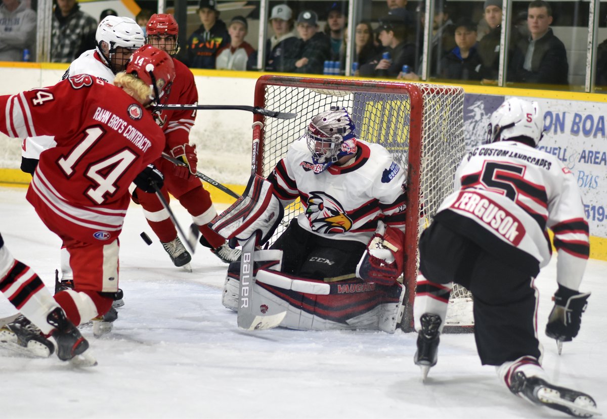 MitchAdvocate's tweet photo. Tyler Parr made 46 saves to lead the Mitchell Hawks to a 2-0 win over the Hanover Barons and square their PJHL Pollock division final series at 1-1. Game 3 takes place in Hanover Friday at 8 p.m. with the Hawks hosting Game 4 Sunday at 3 p.m. @MitchellHawks https://t.co/lUE34wNz7W