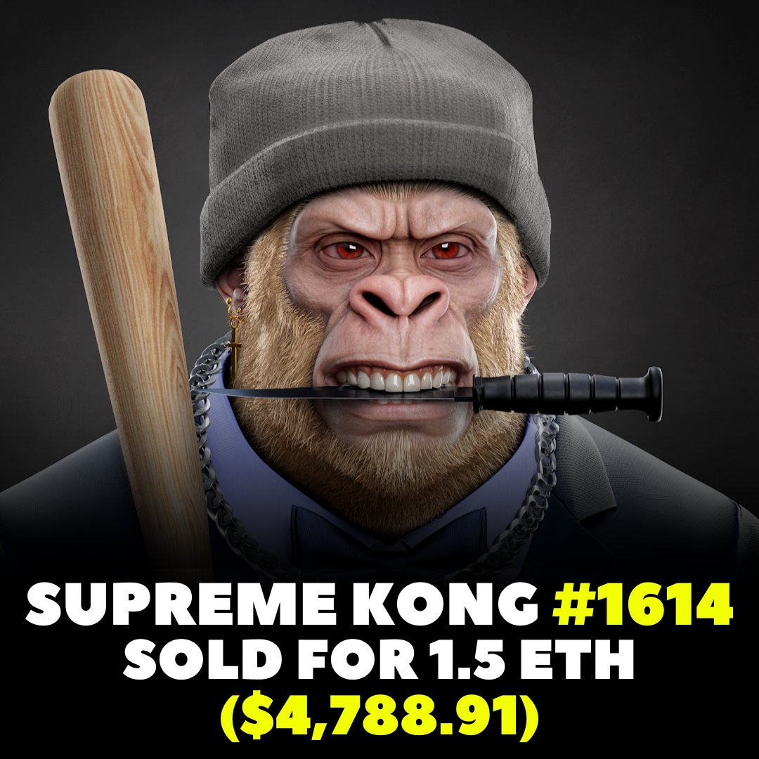 SupremeKongNFT's tweet photo. Supreme Kong #1614 sold for 1.5 ETH🎉

🔥Golden Cross Earring
🔥Blue Tuxedo 
🔥Grey Beanie

If you buy a Kong right now, and delist, you’ll be entered into a draw to win an additional Kong for FREE. 

Offer available for a LIMITED-TIME only. 

More details in Discord. 

#NFTs https://t.co/AK1veh6Bn8