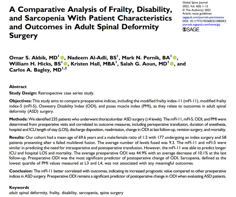 Salah G. Aoun (@salahgaoun) on Twitter photo Predictors of outcome in adult spinal deformity:
Checkout the latest on frailty and disability <a href="/dr_carlosbagley/">Dr. Carlos A. Bagley</a> <a href="/MarkPernik/">Nick Pernik</a> <a href="/NnrcUtsw/">NNRC_UTSW</a> <a href="/UTSWBrain/">UT Southwestern O'Donnell Brain Institute</a> <a href="/UTSWNeurosurg/">UTSW Neurosurgery</a> @utswspine
pubmed.ncbi.nlm.nih.gov/35384776/ Predictors of outcome in adult spinal deformity:
Checkout the latest on frailty and disability <a href="/dr_carlosbagley/">Dr. Carlos A. Bagley</a> <a href="/MarkPernik/">Nick Pernik</a> <a href="/NnrcUtsw/">NNRC_UTSW</a> <a href="/UTSWBrain/">UT Southwestern O'Donnell Brain Institute</a> <a href="/UTSWNeurosurg/">UTSW Neurosurgery</a> @utswspine
pubmed.ncbi.nlm.nih.gov/35384776/