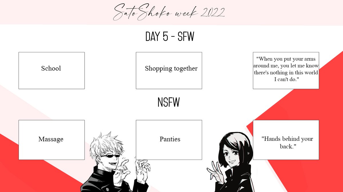 satoru_shoko's tweet photo. New day!
1) Tag us for rt and use #SatoShokoWeek or #SatoShokoNSFW
2) Collection in AO3: https://t.co/of1khLlll4 (SatoShokoWeek) https://t.co/jE5bf25XRm