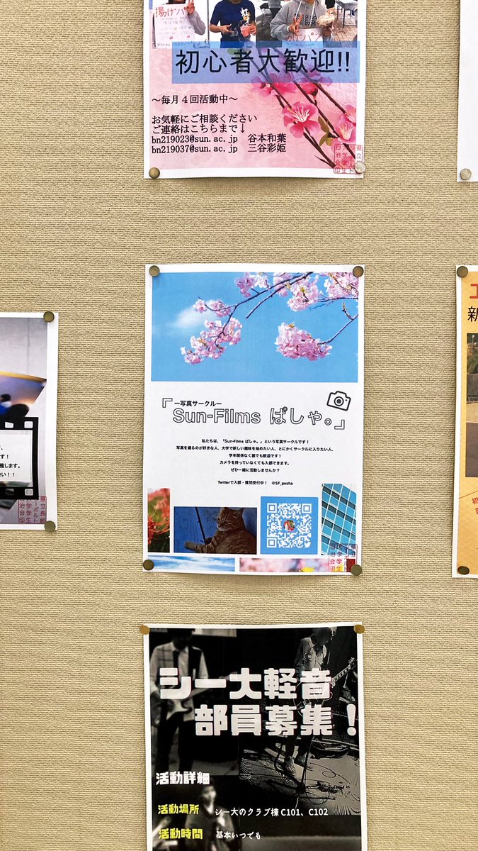 食堂前の自治会掲示板にて、サークルポスターが掲示されています。
ぜひご覧ください！📸

 #長崎県立大学 #春からシー大
 #春から長崎県立大学