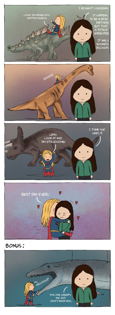 awaitingrain's tweet image. "A day at the museum"
Idk, I hope this puts a smile on someone's face today ❤️💙.
(Please click for full comic strip😊).
#Supercorp
(Inspired by a photo of Melissa in supersuit on a dinosaur.)
