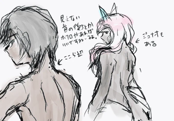 #軽い気持ちで描いたら思った以上に反響があった絵
首筋のホクロ・fate名物走り高跳びで立つ恋愛フラグ・エビフライ。
みんな隠れたホクロ好きなのねって事と、fate の高跳びネタでジュナルートが高難易度だと言わずとも伝わった事、エビフライは交流含め本当に楽しかったし嬉しかった。 
