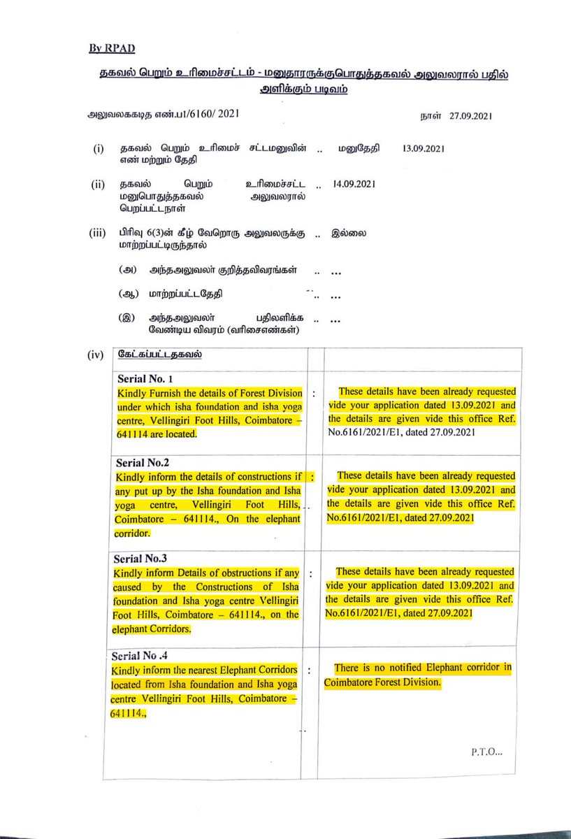 I_am_AravindV's tweet photo. @SundarrajanG @IUCN_Water @SadhguruJV @ishafoundation @TN_PCB @SundarrajanG is trying to repeat the old fake news #fakeenvironmentalists
But the Tamilnadu Government have clearly mentioned in the recent RTI( Right to Information Act)
That there is no illegal construction of @ishafoundation is on forest land. Also no encroachments. https://t.co/LVF30kICoM