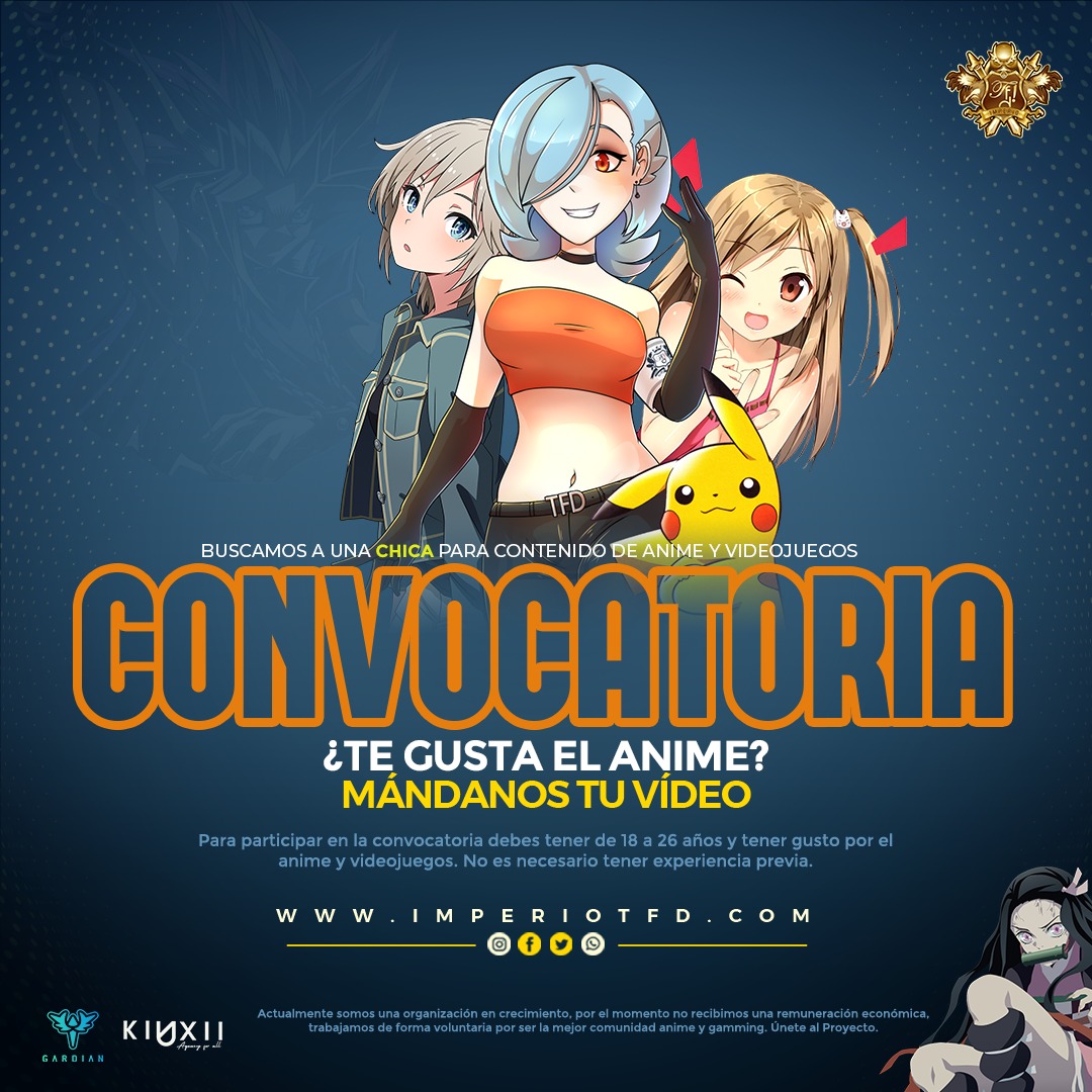 imperiotfd's tweet photo. @chailattecos
¡Únete al Imperio TFD! 🤩

Estamos en la búsqueda de dos chicas que sean el rostro del Imperio TFD en redes para contenido anime y gamming.

Requisitos: 
-  Ser chica 
- Tener entre 18 y 26 años
-  Gusto por el anime y gamming

Contactanos:
promocion@imperiotfd.com https://t.co/MKL2Yk0hMQ