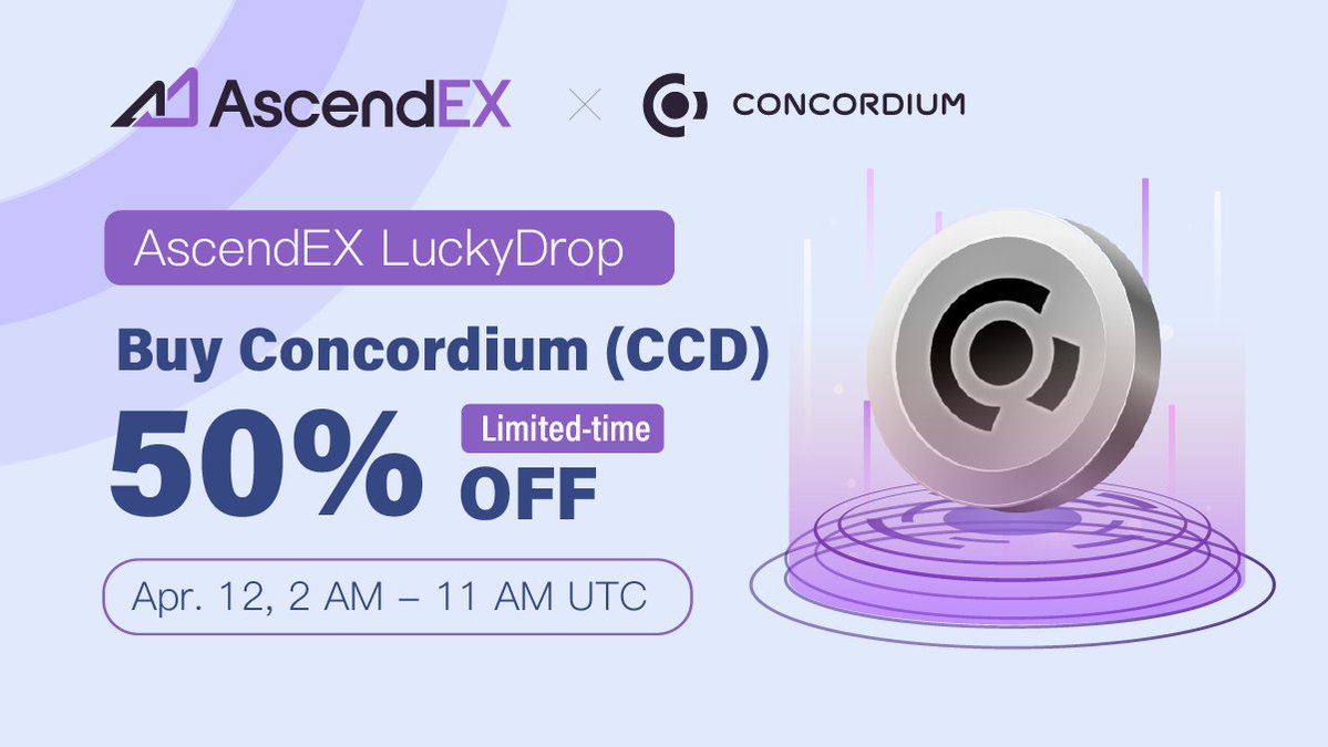 AscendEX_India's tweet photo. 🚀Join AscendEX's 4th Round of #LuckyDrop to Buy $CCD at 50% OFF!

✅Subscription Time: Apr. 12, 2 a.m. - 11 a.m. UTC
✅Qualifying Period: Apr. 8, 12 a.m. - Apr. 12, 12 a.m. UTC

🔥Register now👉https://t.co/xpg5hsXwwb https://t.co/n9rJidIKsw