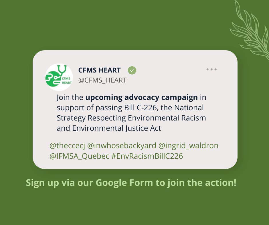 Join us in this national campaign led by <a href="/theccecj/">CCECJ</a> &amp; <a href="/inwhosebackyard/">The ENRICH Project</a> to pass Bill C-226! We're calling for action via twitter, e-mail, or phone. Sign up via this google form (EN -forms.gle/KRCa5a1vkCti7x…, FR -forms.gle/i376y927nQWqhF…)

<a href="/IFMSA_Quebec/">IFMSA - Québec</a> <a href="/CAPE_ACME/">@CAPE-ACME</a> <a href="/DavidSuzukiFDN/">David Suzuki FDN</a>