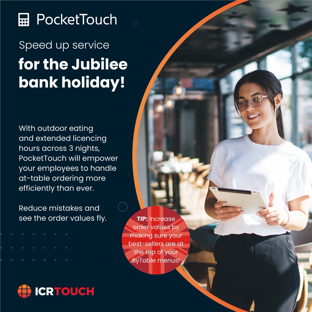 icrtouch's tweet photo. Don't let pen and paper processes, unnecessary trips to the bar and mistakes on your orders slow you down.
Speed up service this #jubileebankholiday with the digital ordering solution, #PocketTouch.
Find your local Authorised Partner🔎 https://t.co/CN8knT94S4 https://t.co/K975zl6NCi