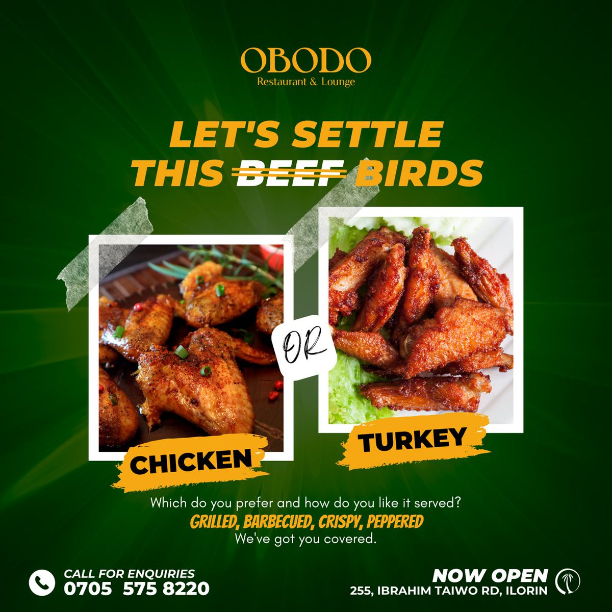 Oya, let’s settle this Rt for CHICKEN Like for TURKEY??? Tag 2 foodies to vote too 😋😋 ➖➖➖➖➖➖➖➖ Our hours of operation: Restaurant : 11AM-10PM OpenLounge : 11AM-12AM Sundays: 2PM Call for enquiries: 07055758220 #ilorin #obodorestaurantandlounge