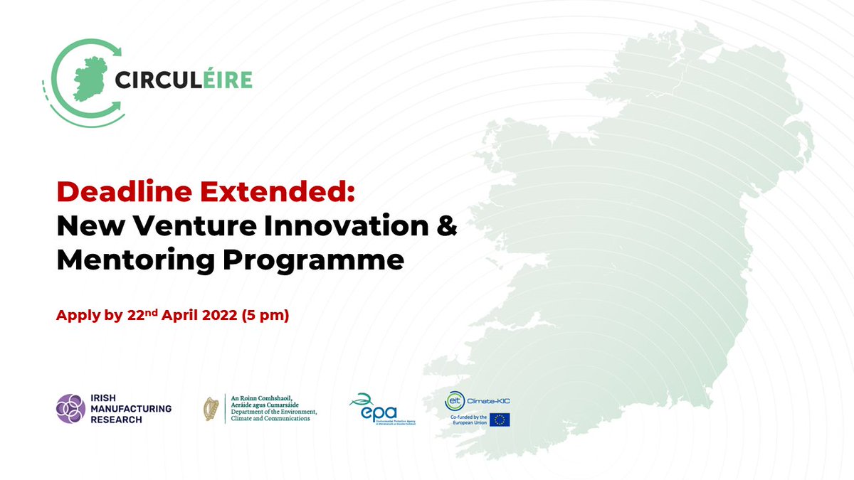 circuleire's tweet photo. 🐰♻️Enjoy this easter egg: DEADLINE EXTENDED for Circular Venture Innovation &amp; Mentoring Programme w/@TCDTangent! Apply by 22/04, 5pm. Info &amp; how to apply: https://t.co/J0Iy9EPest

@IMR_ie 

#circularireland #innovation #entrepreneurship #startup https://t.co/UDCFsBcpqL