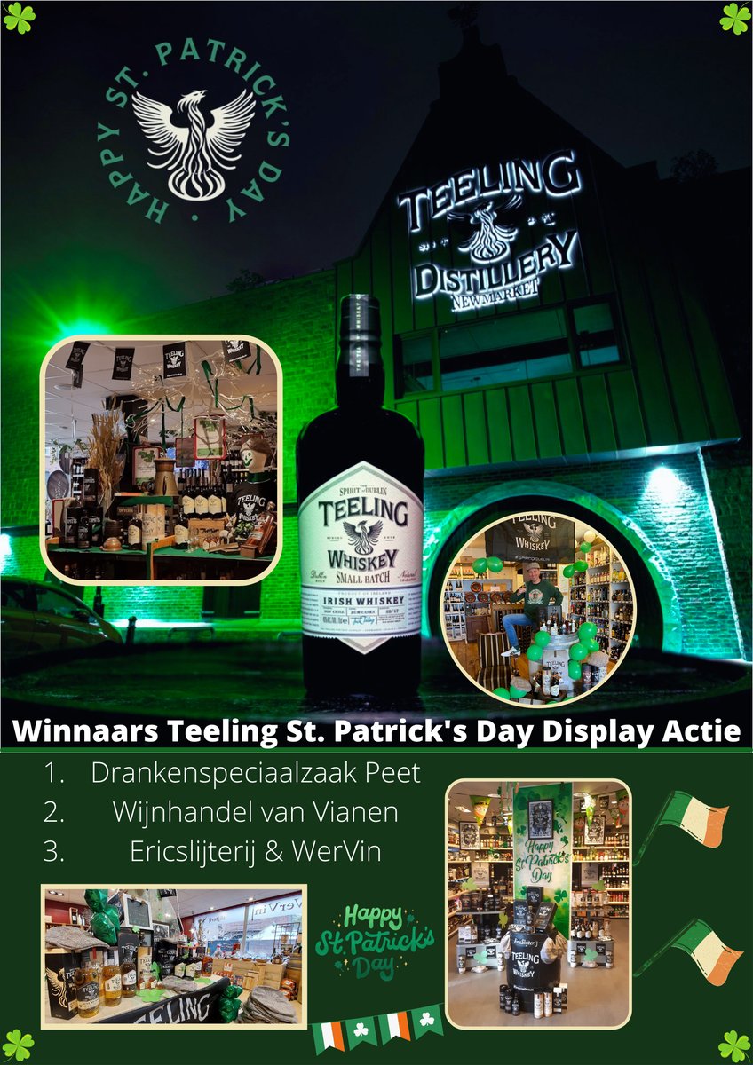 Goedemorgen allemaal, hier zien jullie de winnaars van de Teeling St. Patrick’s Day actie! 

Prijswinnaars gefeliciteerd, en iedereen die een mooie foto van de winkel heeft ingezonden bedankt voor het meedoen.

Proost!