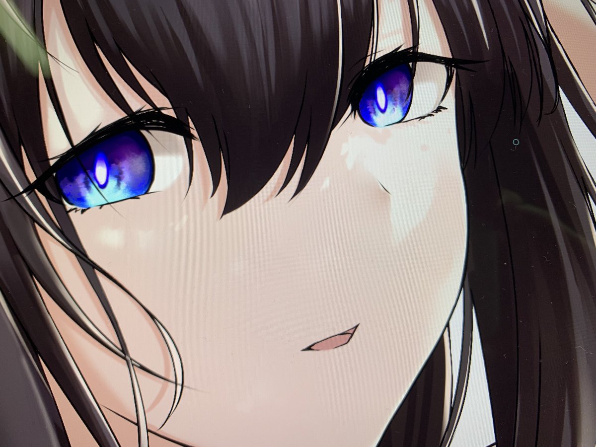 1girl solo blue eyes close-up looking at viewer black hair bangs  illustration images