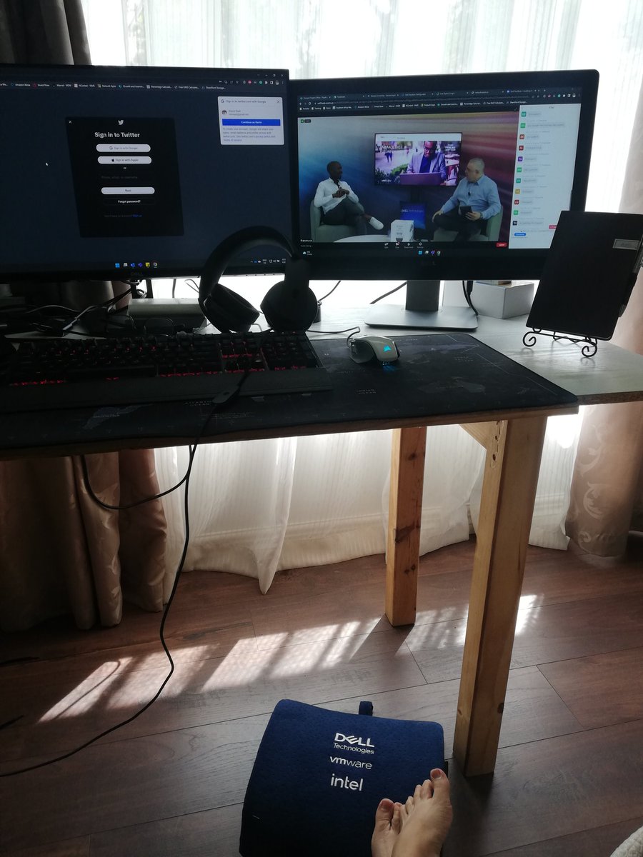 Kevin_Gair's tweet photo. Using my awesome #DellTechZA pillow to rest my feet while watching the #DellTechByte on my awesome Dell screens and great audio via my Dell Alienware headphones. Many thanks @DellTechZA @vmware_za @Intel_Africa #DellTechByte #DellTechZA https://t.co/xnqcViWRee