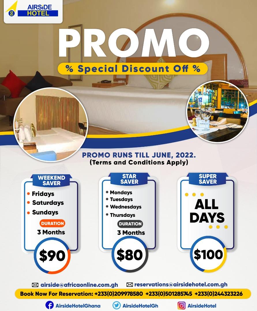 AirsideHotelGh's tweet photo. Grab our PROMO now and don't miss this special OFFER. We are just a dial away to connect with us ✨

#BookYourReservation
#HaveADelightfulExperience
#WeAreAirsideHotel
#FollowUs
#ShareWithOthers https://t.co/lBXzZHVCdO