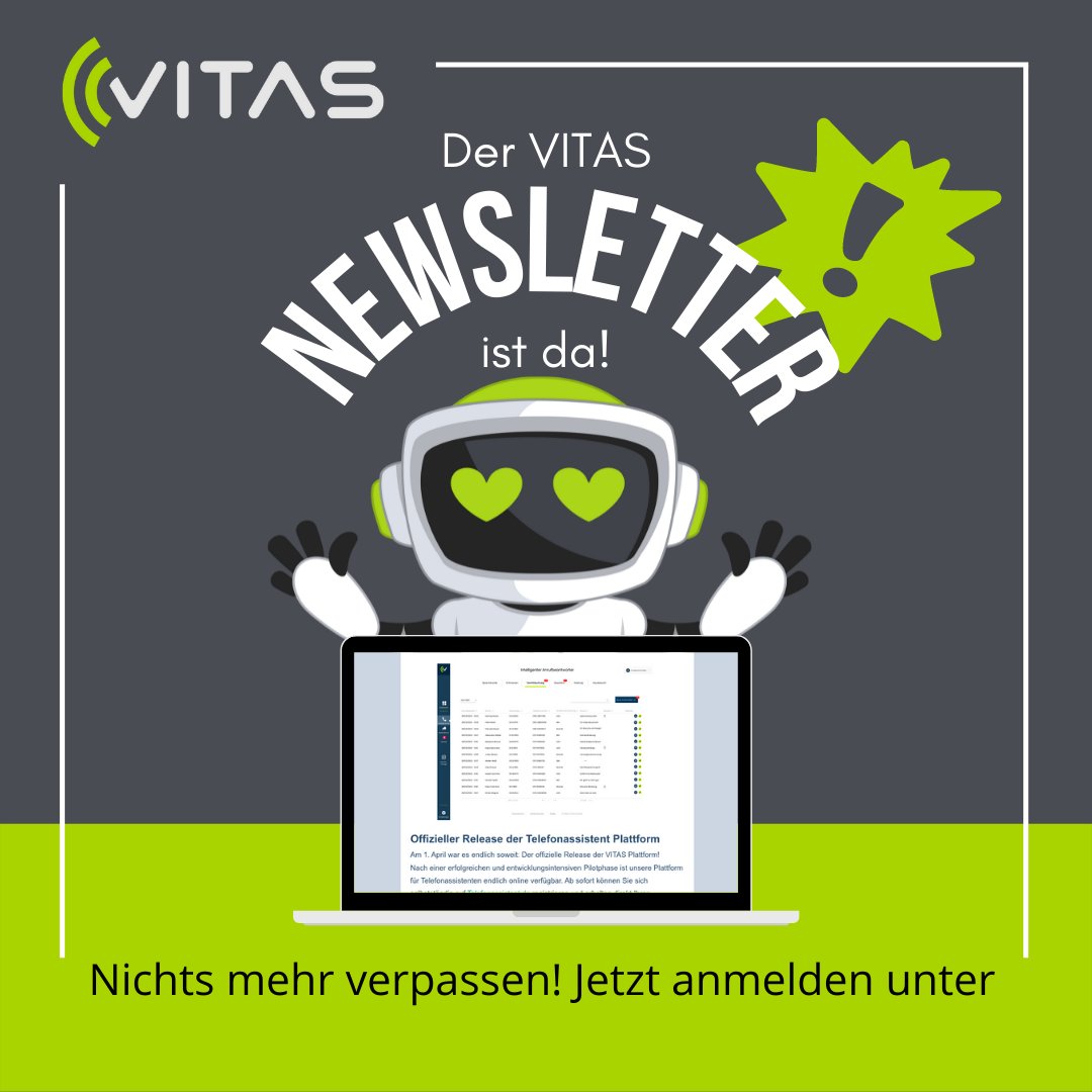 vitasassistant's tweet photo. Wir versorgen euch mit Neuigkeiten zu unserem Unternehmen und unserer Telefonassistenten Plattform. Jetzt für den Newsletter anmelden unter: https://t.co/h3cPhpkHz8 #vitas #telefonassistent #startup #saas #ki https://t.co/BKo5Kp2p8I