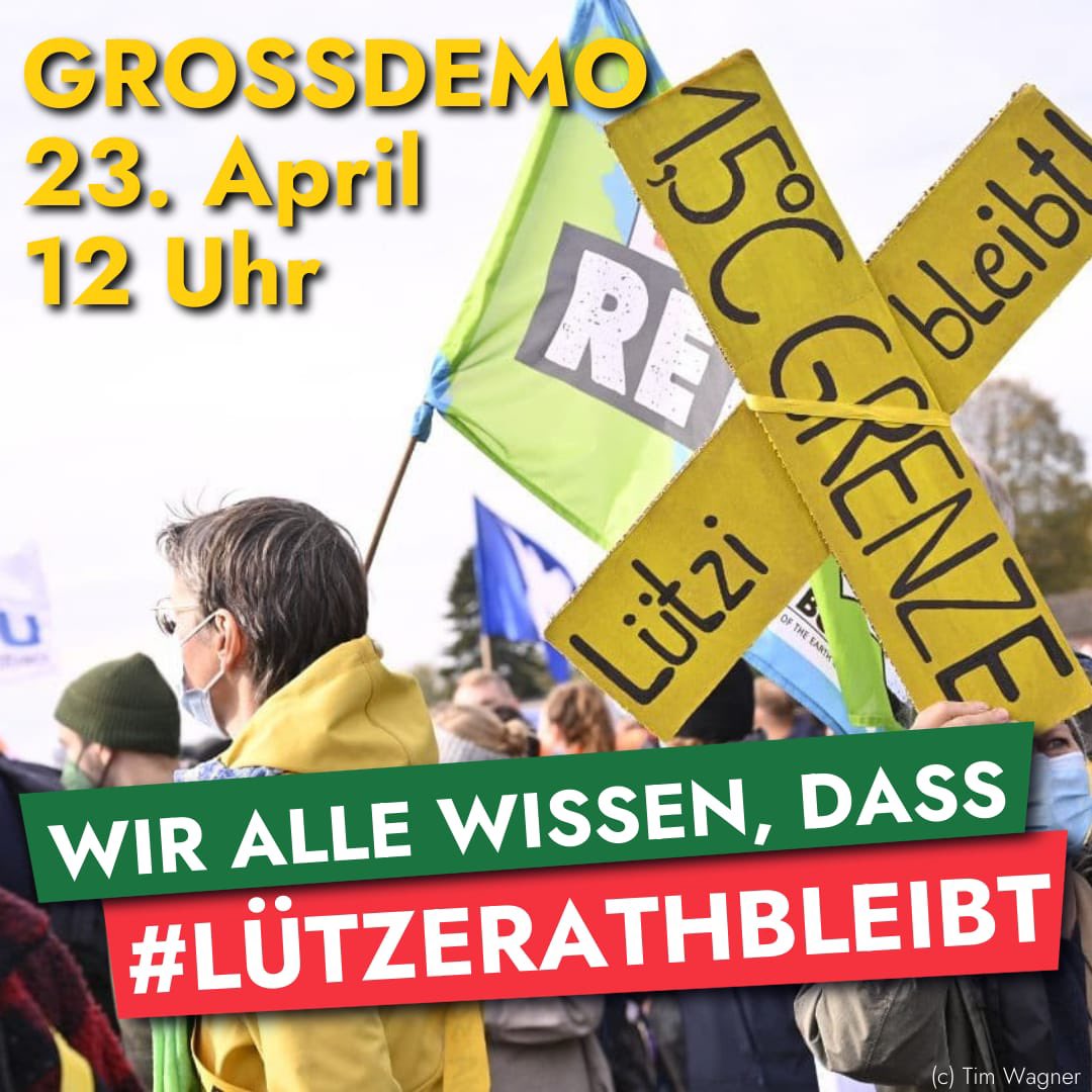 Die Gerichte haben gegen Lützerath entschieden 😱. Deshalb wird am 23.04 vereint die 1,5° Grenze vor Ort verteidigt.

Es kann nicht sein, dass Dorf um Dorf für die sterbende Braunkohle weichen muss ‼️

Bei uns sind Ferien, wer Zeit und Lust hat, kann sehr gerne hinfahren
💚🔥.