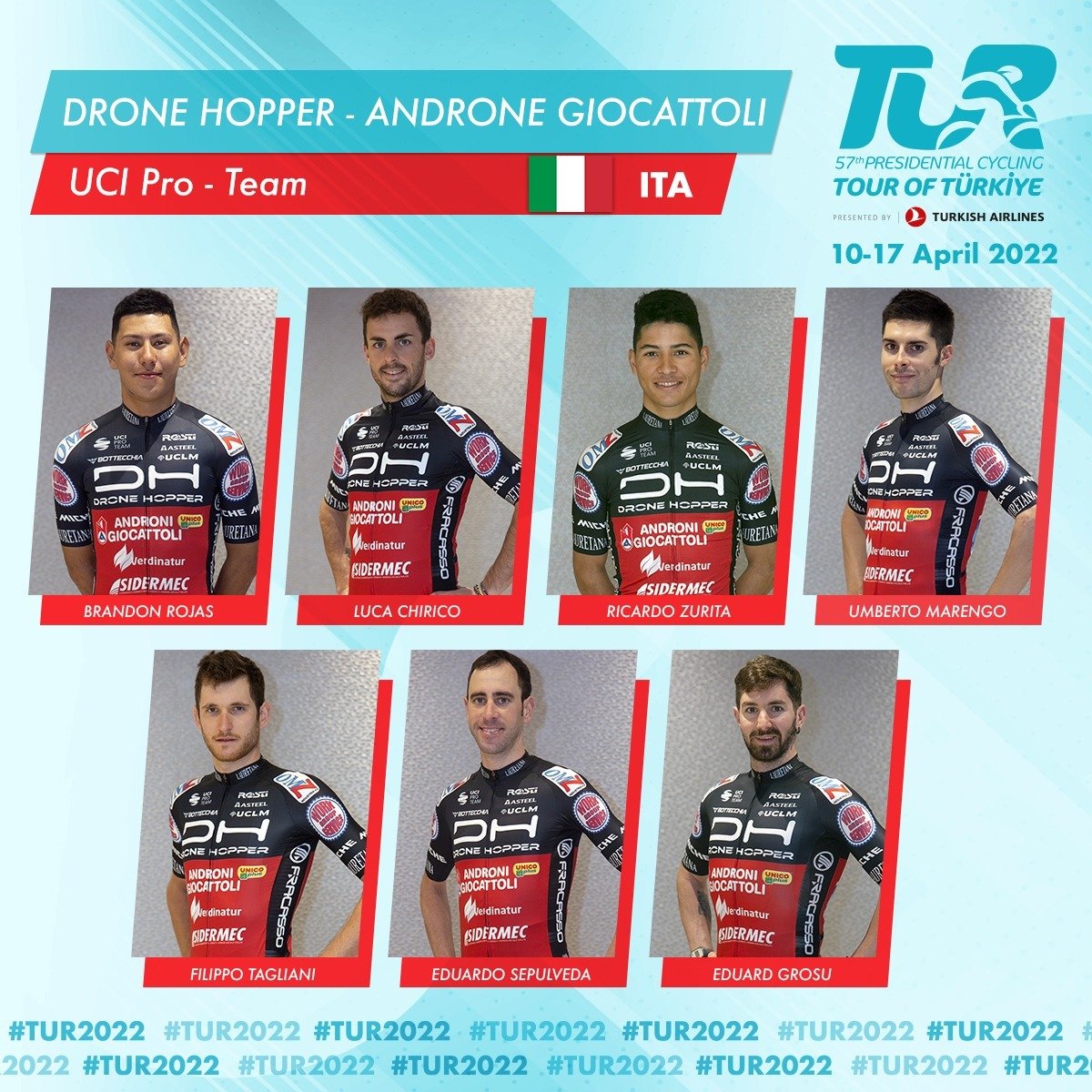 🇹🇷Bisikletin en renkli kişiliklerinden biri olan Gianni Savio önderliğinde Drone Hopper–Androni Giocattoli, her zaman yarışlara keyif katan takımlardan bir tanesi. Takım, birçok kez katıldığı TUR'da aldığı başarılı sonuçlarla hatırlanıyor. #TUR2022
