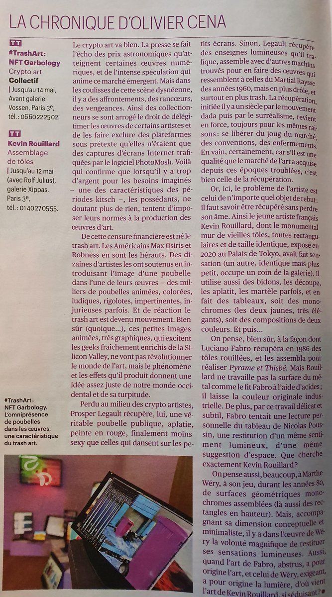 avant_galerie's tweet image. in @Telerama this week, Olivier Cena gives his point of view on #TrashArt: NFT GARBOLOGY and on #ProsperLegault

An unmissable exhibition in Paris! 
Double T