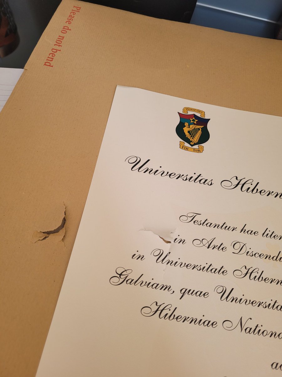 Thanks <a href="/Postvox/">An Post</a> for not bending my @nuigalway Diploma if wasn't bad enough missing the graduation ceremony due to Covid I now have a big hole in my certificate😮‍💨