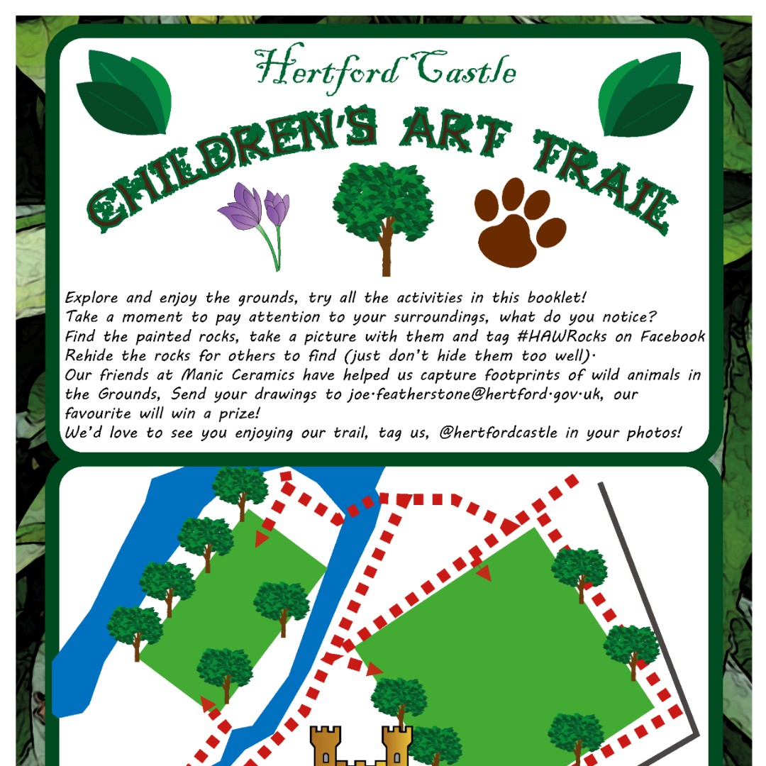 Children's Art Trail starts tomorrow! Pick up FREE trail booklet from the Castle Pedestrian Gate and explore the Castle Grounds with a series of small activities. In collab with <a href="/manic/">manic</a>.ceramics and #HAWRocks. Chance to win prizes! #hertfordartsfestival #childrensarttrail