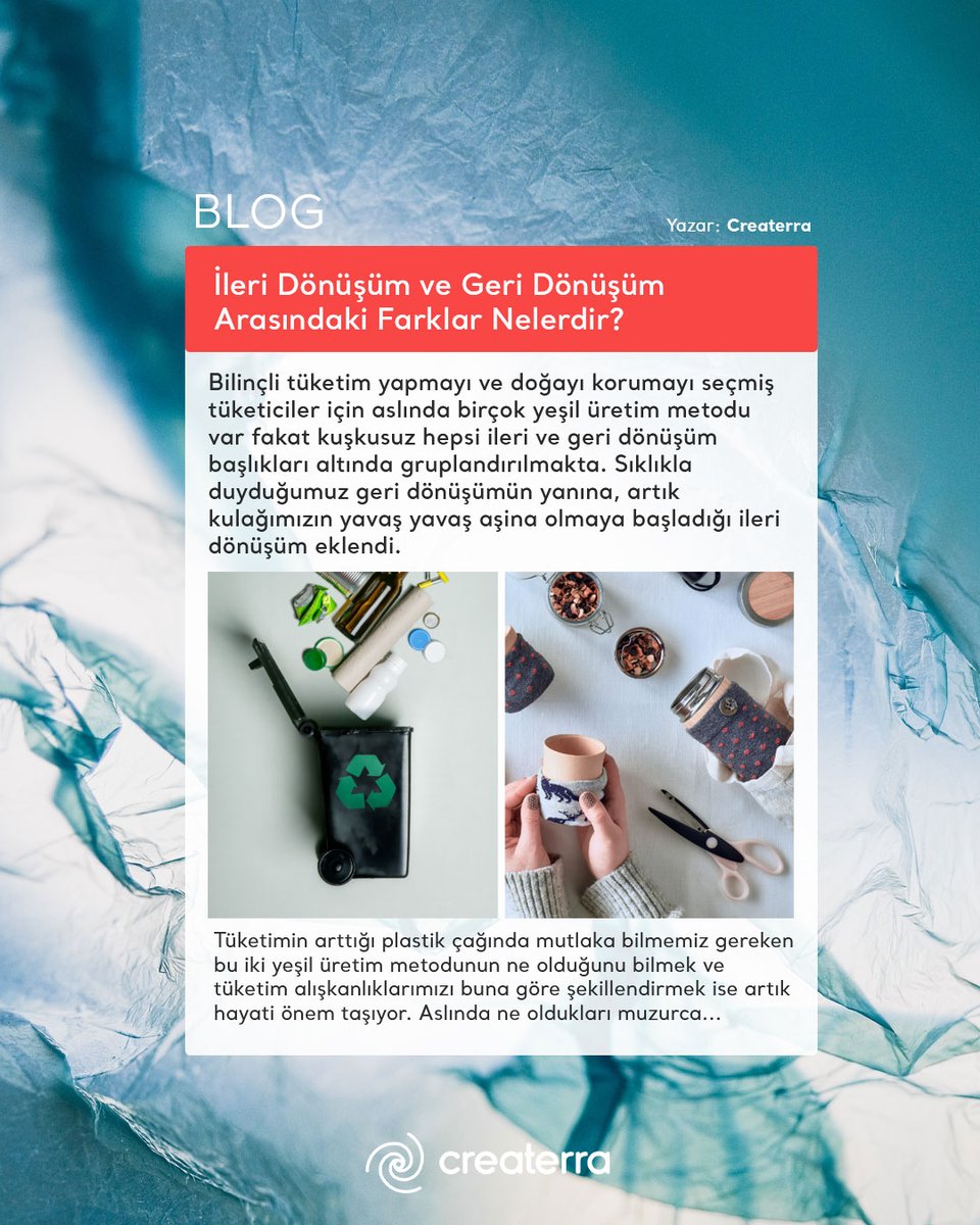 createrra_co's tweet photo. ♻️ İleri dönüşüm ve geri dönüşüm arasındaki farklar ile ilgili hazırladığımız blog yazısı yayında! Merak ediyor ve öğrenmek istiyorsan, tamamını okumak için Createrra Blog sayfasını ziyaret edebilirsin. 📖🔎

#TürkiyeninSürdürülebilirPazarYeri #DoğayaSaygılıAlışveriş https://t.co/cxxU899wfM