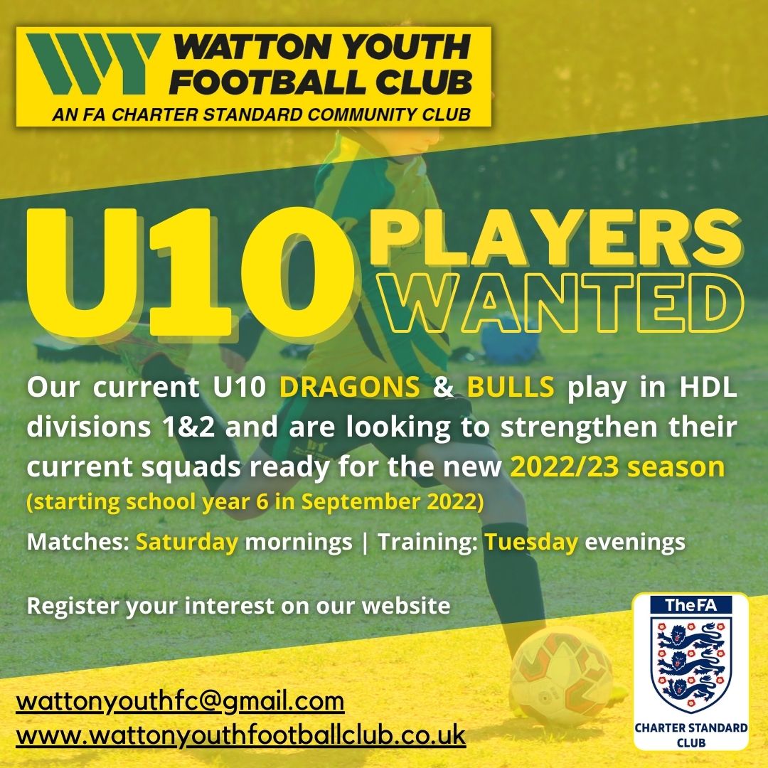 WattonYouthFC's tweet image. Our current #U10 teams are looking to strengthen their squads for next season as we become the new #U11s

We are currently in divisions 1 &amp;amp; 2 of the #HDL and would ideally be looking for players having experience at a similar level to fit in with the current group.